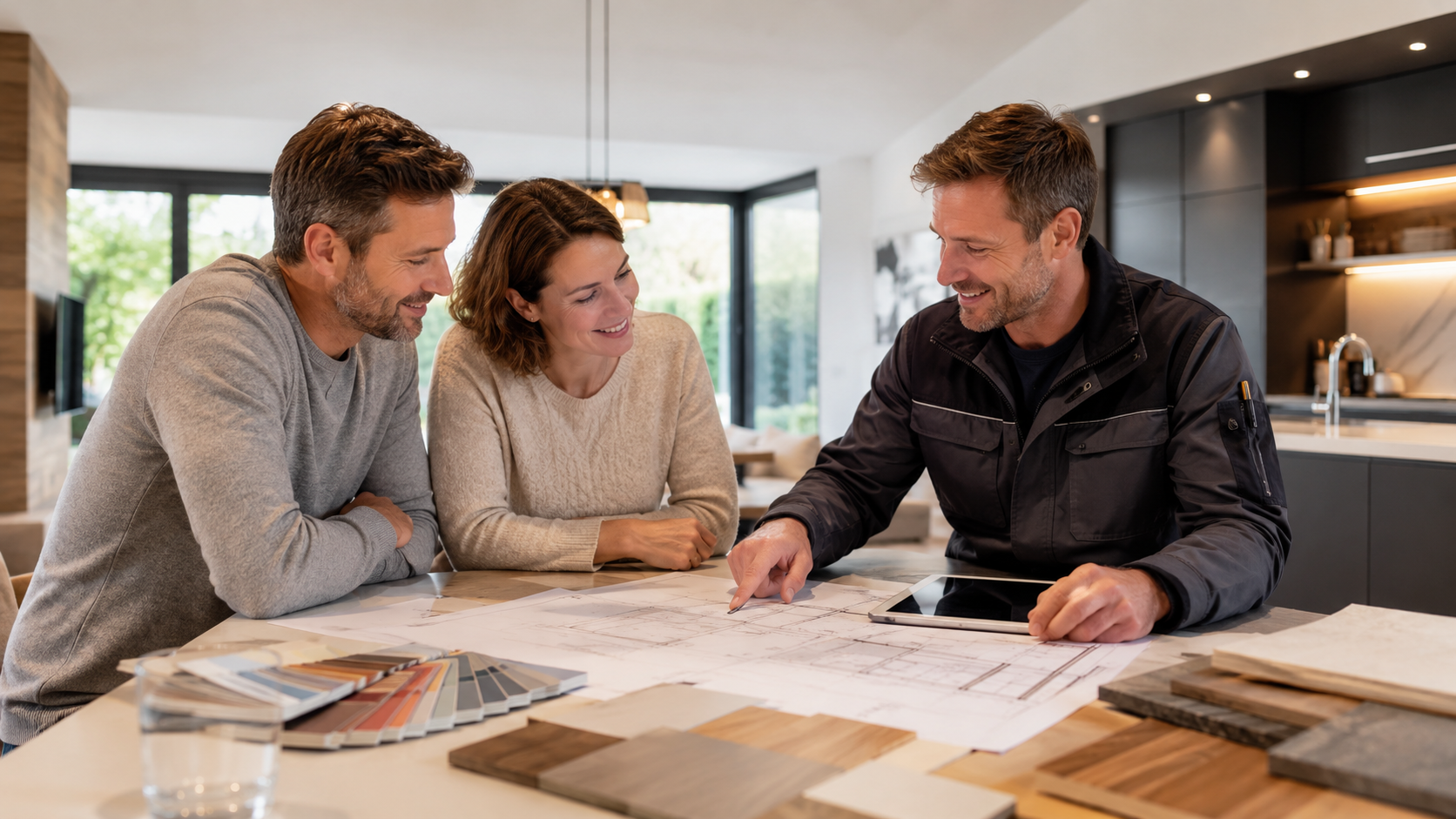 Gemeinsame Wohnraumplanung mit Materialproben – Beratung durch Birkenstock & Partner